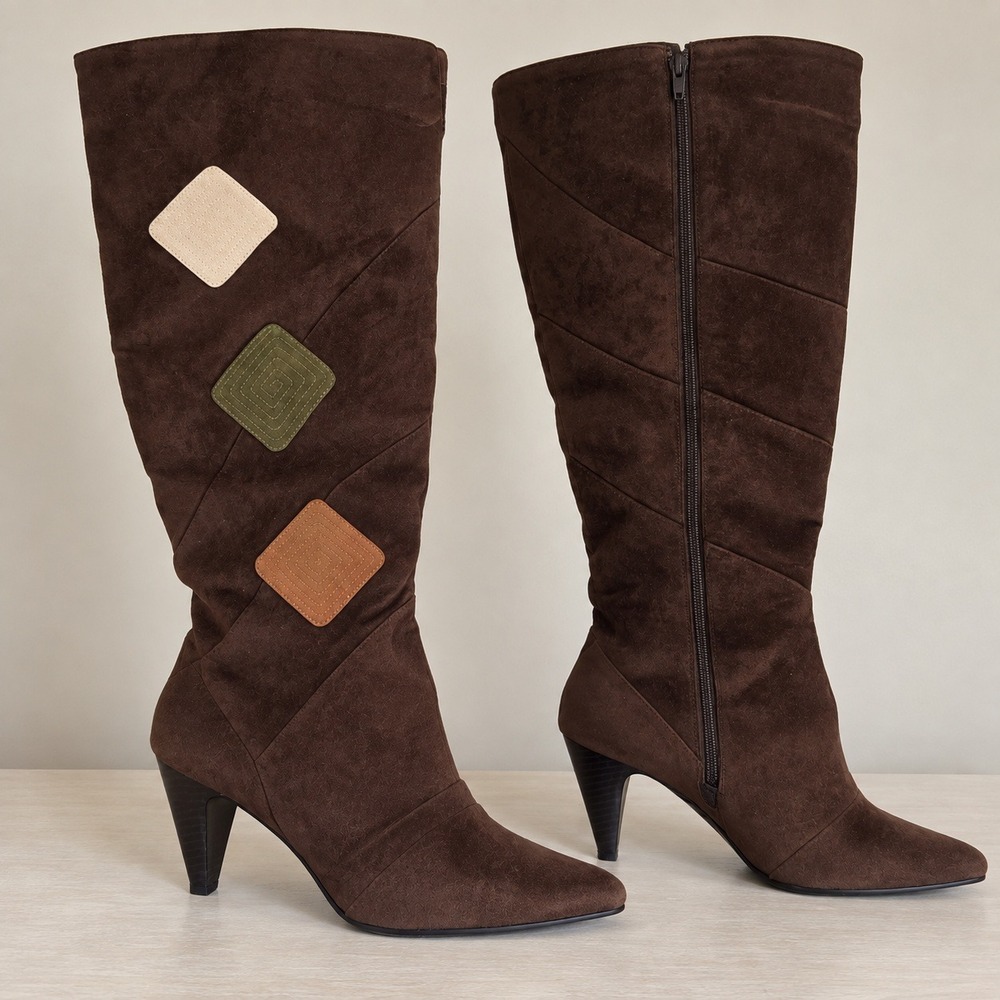 Comfortview Tall Boots Women 11 Brown Patchwork Faux Suede Pointed Toe Wide Calf
